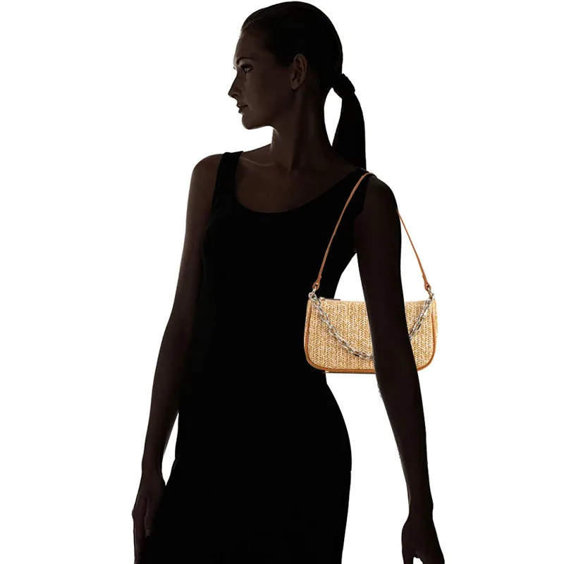 Summer 2024 New Trendy Chain Shoulder Bags Straw Weaving Bag for Women Fashion Handbags Female Vacation Beach Underarm Bags