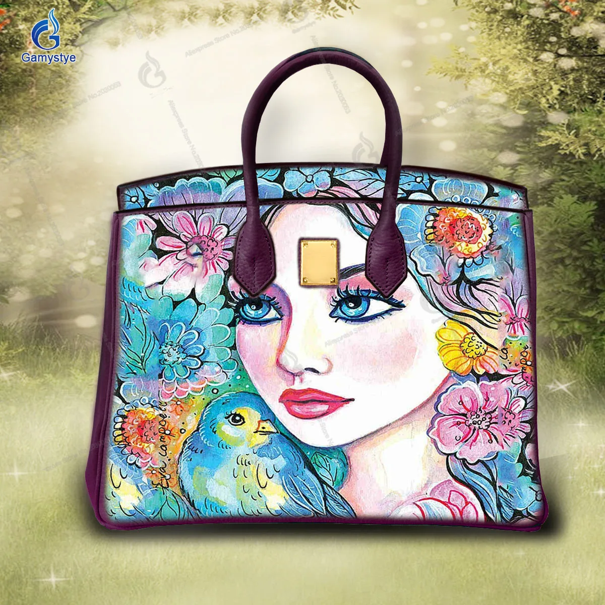 Fashion Hand Draw Beautiful Flower Girl Customize Art Bag Ladies purses and handbags Messenger Clutch Totes Cowhide Togo Leather