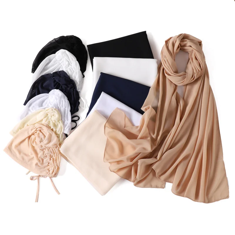 Breathable Elastic Mesh Cap Elastic Lace Bottoming Hood plus Solid Color Pearl Chiffon Scarf Set One Piece Dropshipping