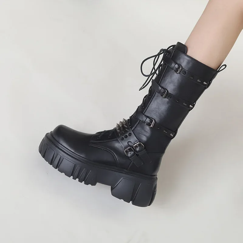 Black Rivet Motorcycle Boots Fashion Buckle Strap Women Booties Punk Lace Up Shoes Brand Design Slip On Cozy Leisure Botas Mujer