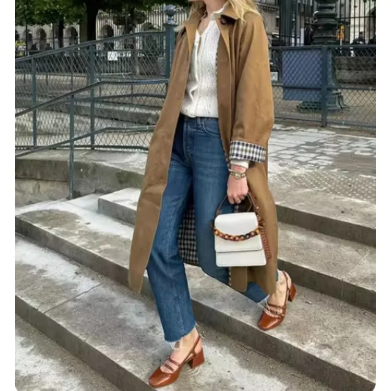 

Fashion Long Trench Women's Coat Retro Loose Single-breasted Coat Autumn and Winter Lapel High Street Temperament Coat