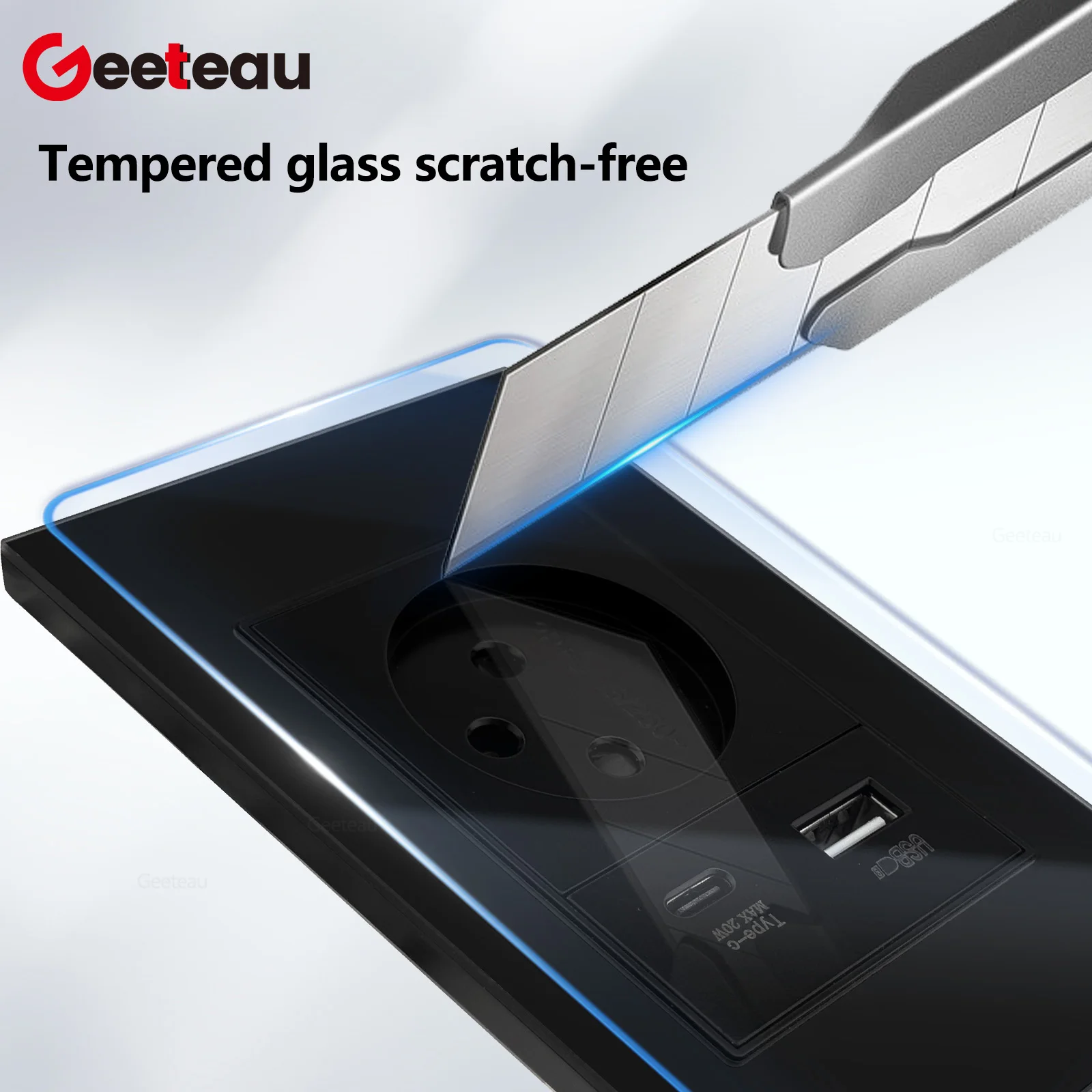 Geeteau Israel Type H Glass Panel Socket USB Type C 20W 16A 230V Phosphor Copper Secure Buckle Large Wiring Hole Household Safe