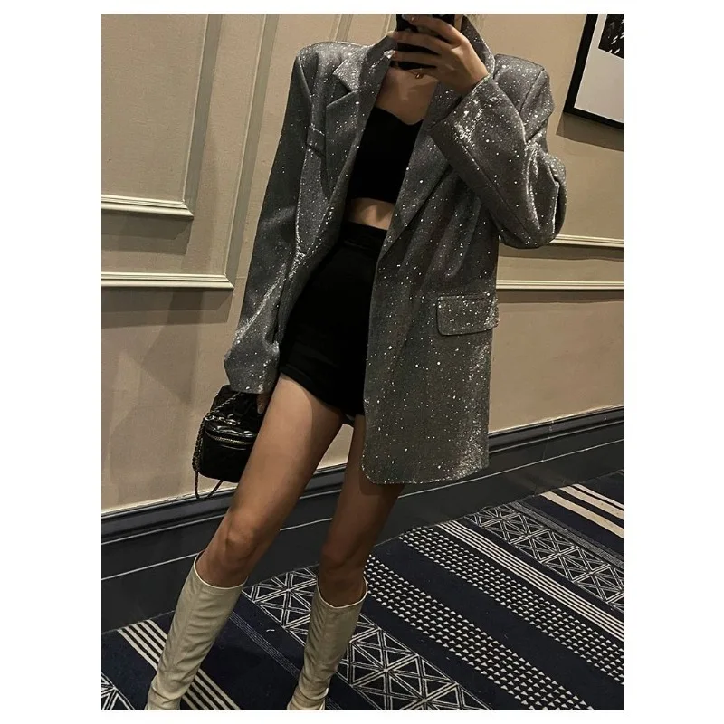 

Retro Sequined Suit for Women in Spring Summer Mid-length Coat That Covers Flesh Looks Slimming