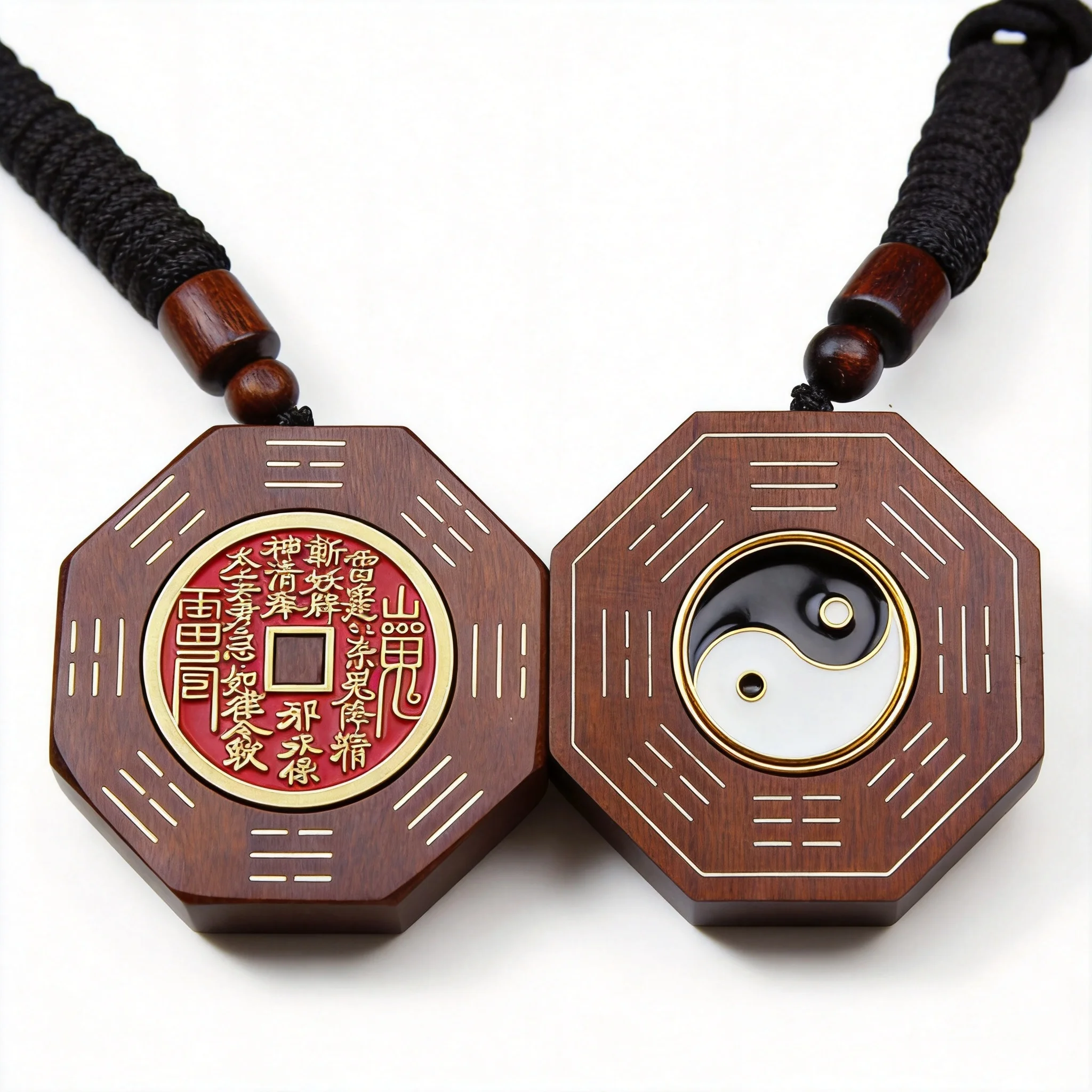 Chinese Style Lucky Blessing Thunder Struck Jujube Wood Sterling Silver Inlaid Rotatable Tai Chi Bagua Pendant Hand Carved Amule