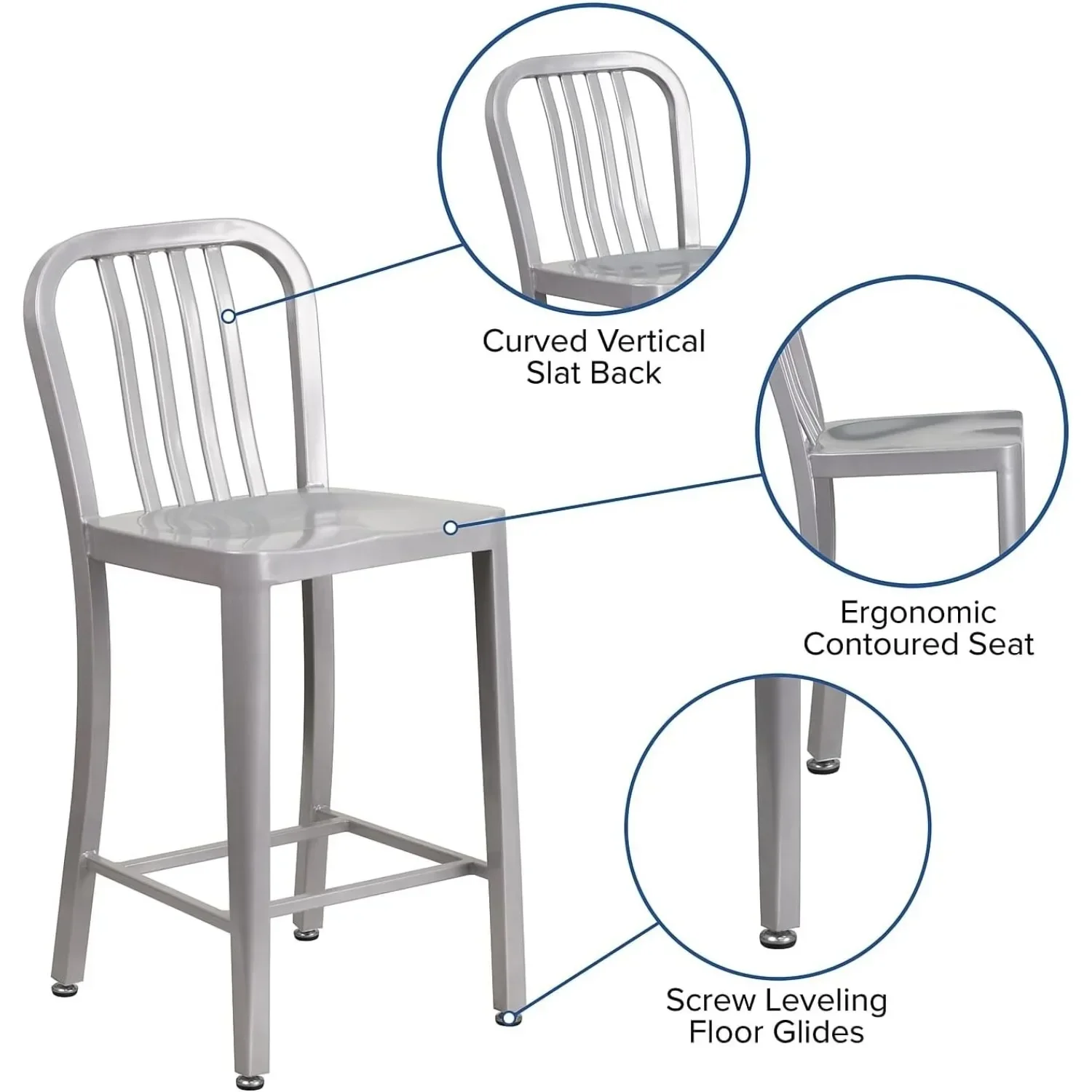 Modern Silver Bar Stool 24 Inch - Vertical Slatted Back Stool with Footrest, Kitchen Counter Stool for Home, Cafe & Bar Decor