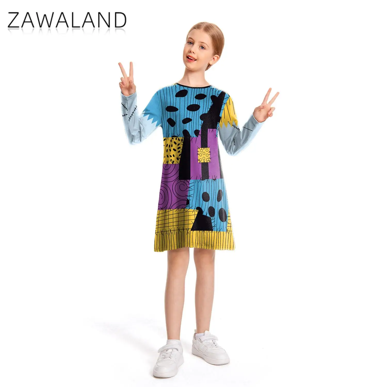 ZAWALAND Scary Sally Funny Dress Cosplay Costume Girls Halloween Sally Party Dress Up Zentai Bodysuit Children Girl Dresses