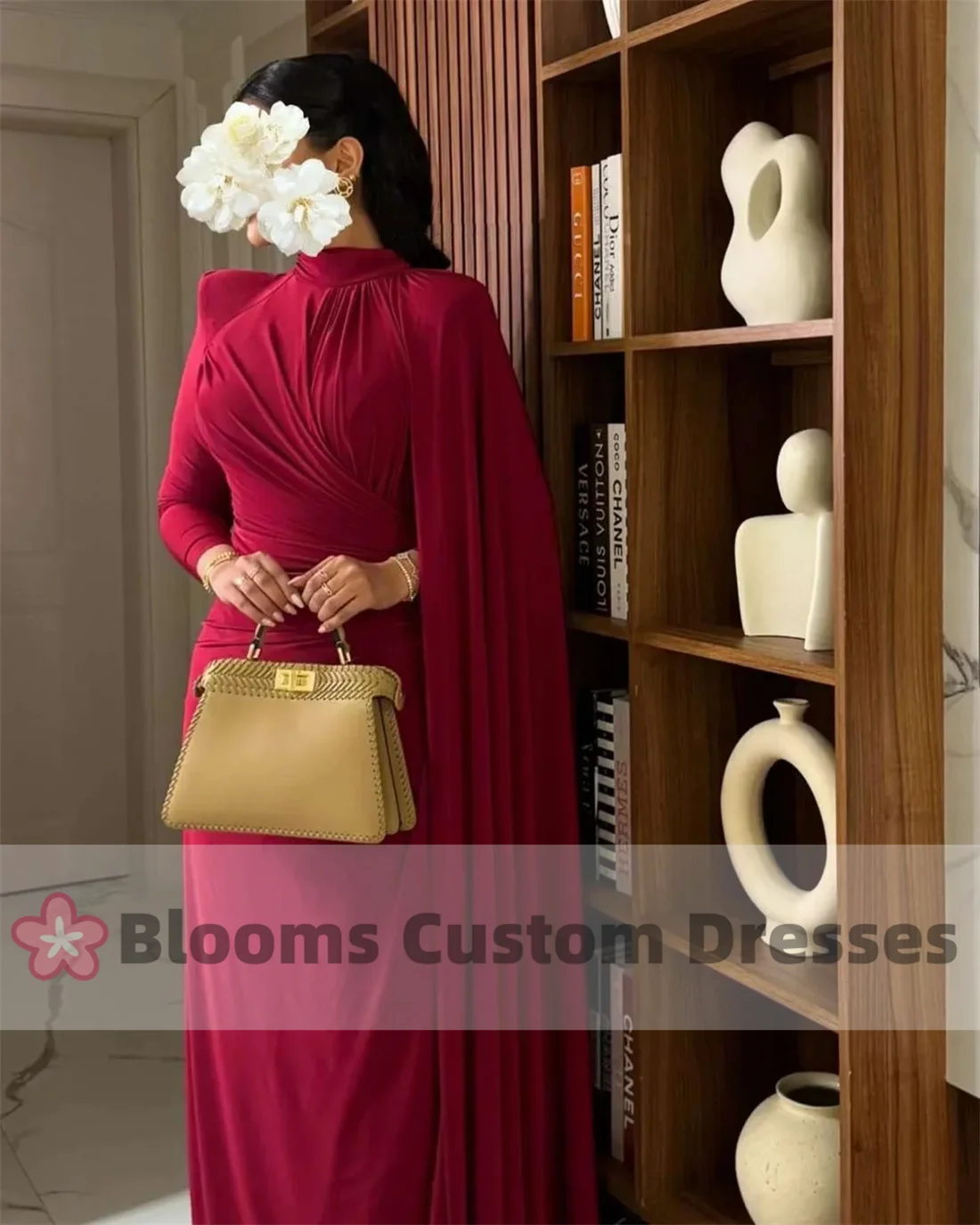 Blooms Vintage Long Sleeves Prom Dresses Pleated High Neck Floor Length vestidos de novia Back Zipper Party Dresses with Cape