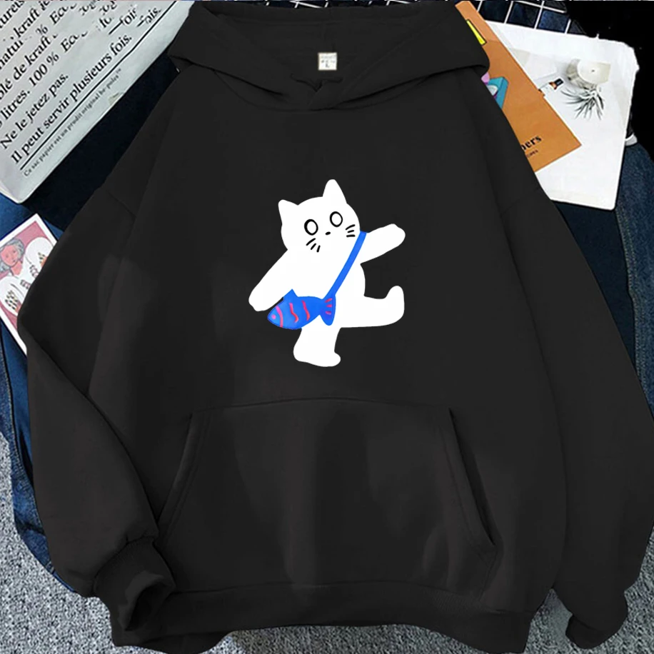 

Playful Cartoon Cat Print Men Women Hoodie a Cat Carrying a Fish Bag Pattern Unisex Top Loose Casual Hip-hop Harajuku Pullover
