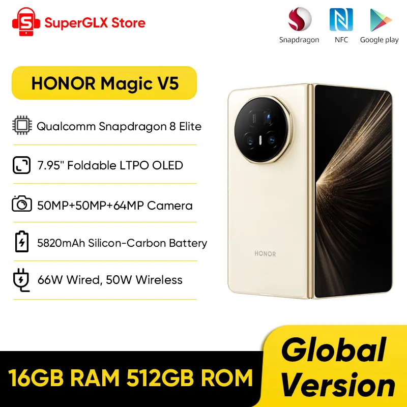 Original HONOR Magic V5 Global Version Snapdragon 8 Elite 7.95'' Dual HDR OLED Display 5820mAh Battery 66W SuperCharge NFC eSIM
