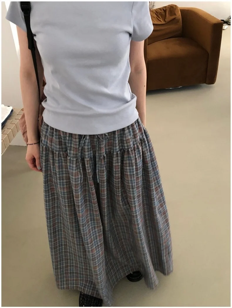 Vestido Longo Retro com Estampa Xadrez e Cordão, Conjunto de Cseta de Manga Curta em Cor Sólida, Estilo Casual F pa...