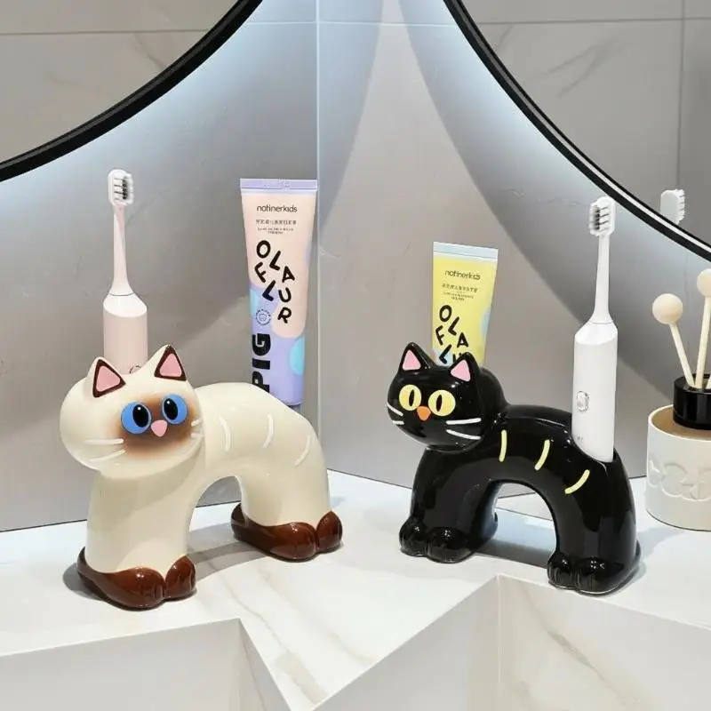 Bathroom Toothbrush Holder Ceramic Cute Cat Style No Drilling Self Adhesive Toothpaste Storage for Home Vanity Organization