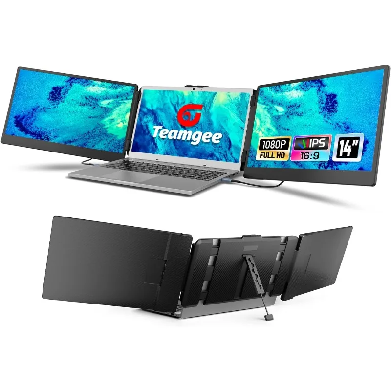 Laptop Screen Extender, 14” Full HD Portable Monitor for Laptop with Dual Speakers & Flexible Kickstand, Plug-Play Laptop