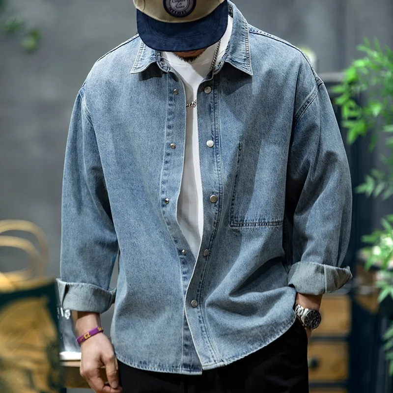 American Style Heavyweight Men's Denim Jacket Loose Workwear Shirt Long Sleeve Pure Color Button up Casual Spring Autumn