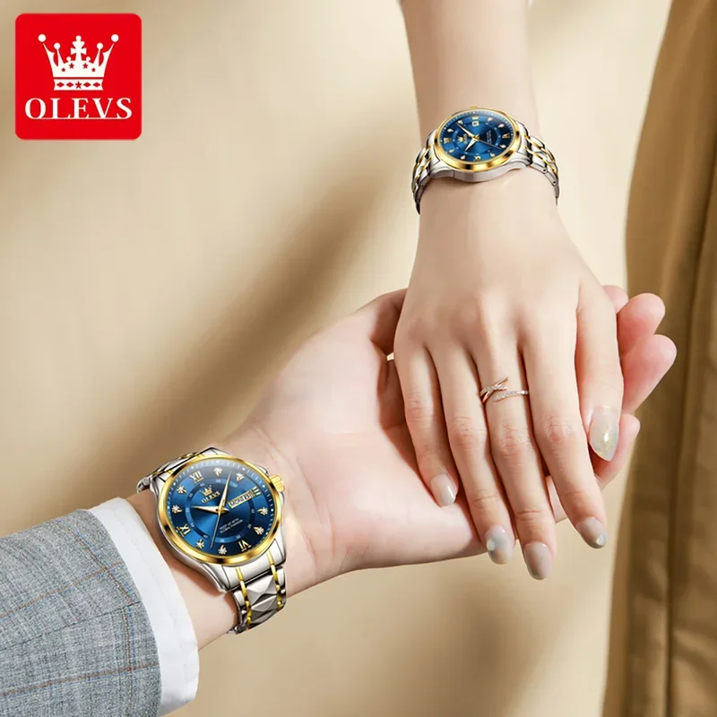 OLEVS 2906 relojes de pareja de cuarzo con fecha a la moda, reloj de lujo superior para hombres y mujeres, reloj de pulsera de acero inoxidable resistente al agua