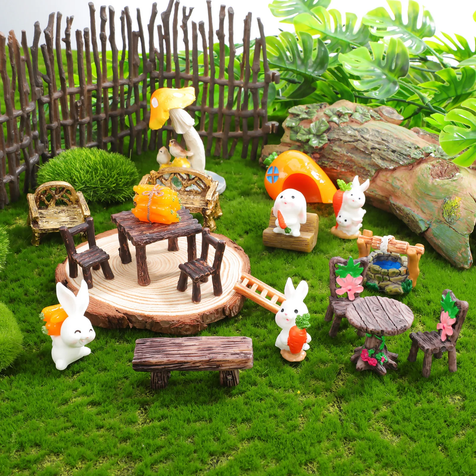

10 pcs Mini Garden Furniture Set Rustic Resin Tables Chairs Benches For Dollhouse Micro Landscape Terrarium Decorations