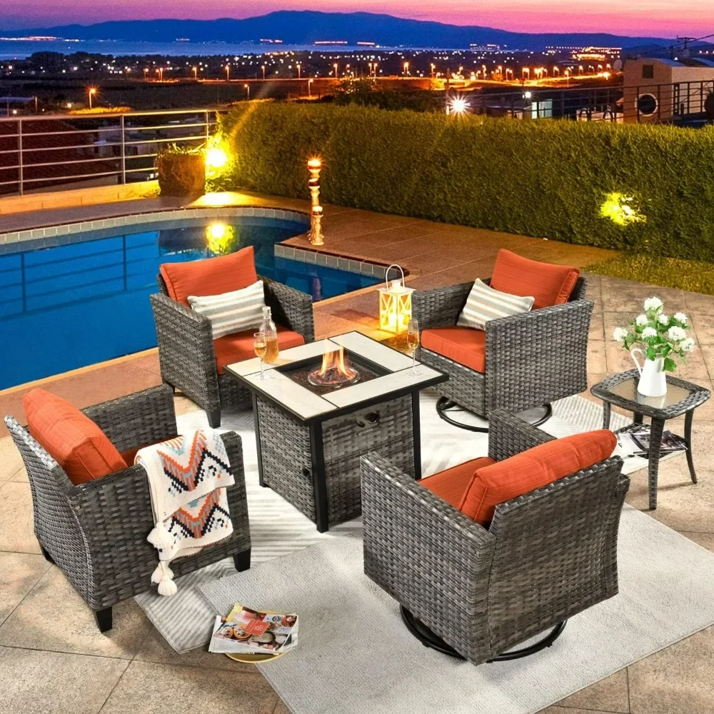 Patio Outdoor Conversation Set with Fire Pit Table, Single Sofa Set with PE Wicker Swivel Rocking Chairs and Coffee Side Table