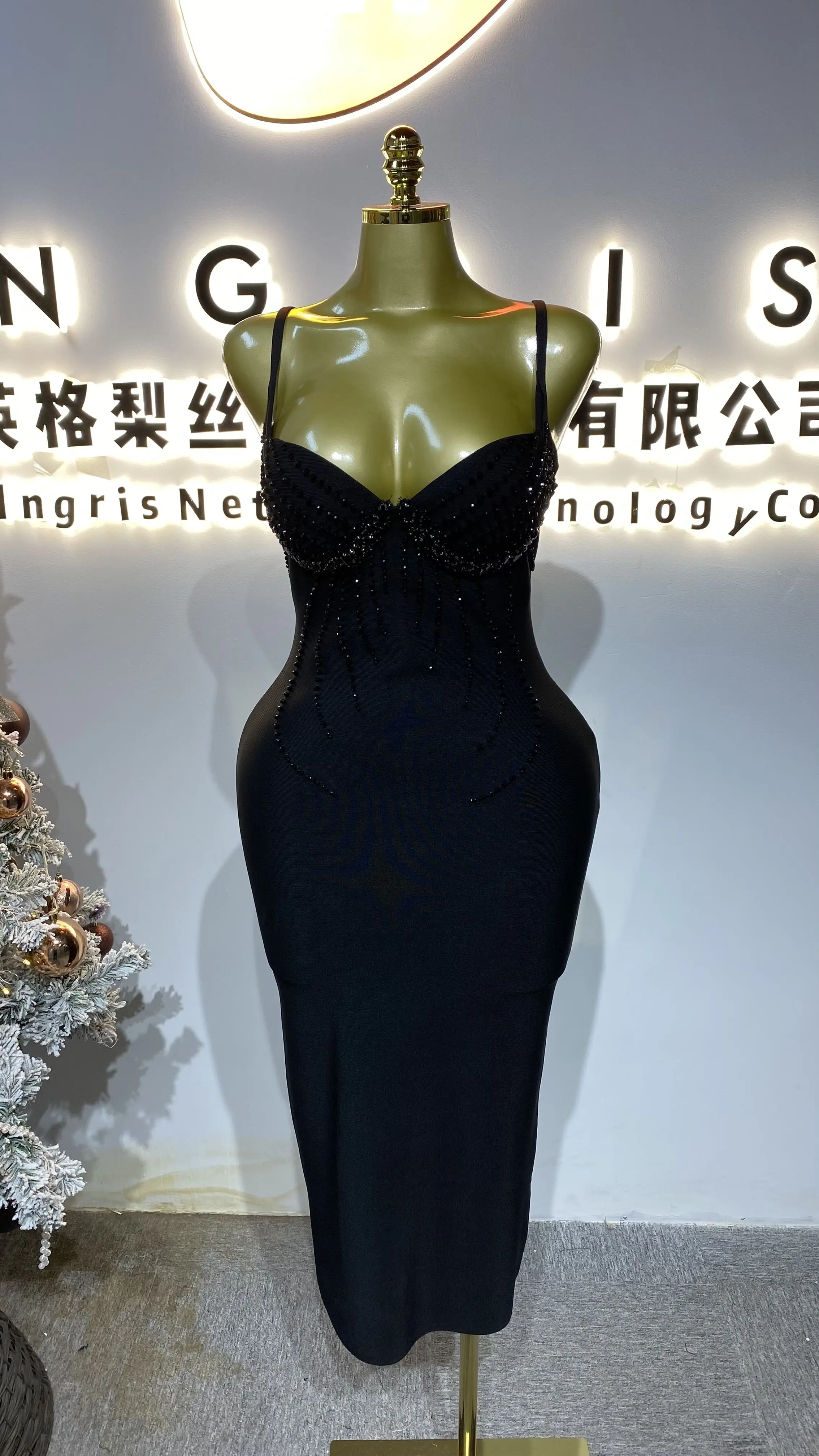 Robe à bandes moulante en perles à la mode de haute qualité, robe de soirée Maxi sexy sans manches en cristal-GZXX378