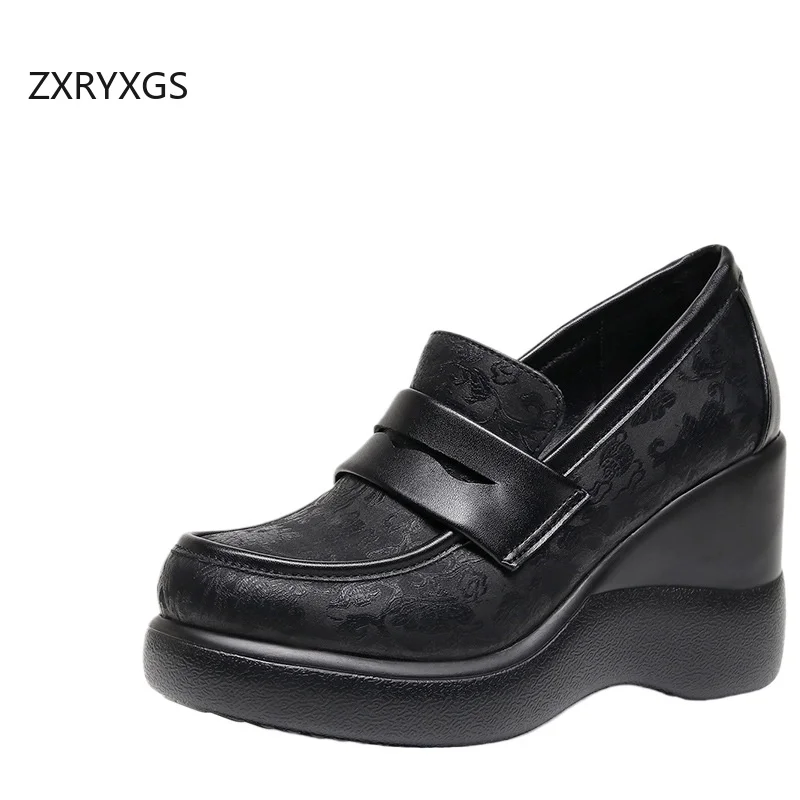 

ZXRYXGS Cowhide Patent Leather Round Toe Thick Sole Wedges Women High Heel Shoes 2024 Elegant Temperament Large Size Black Shoes