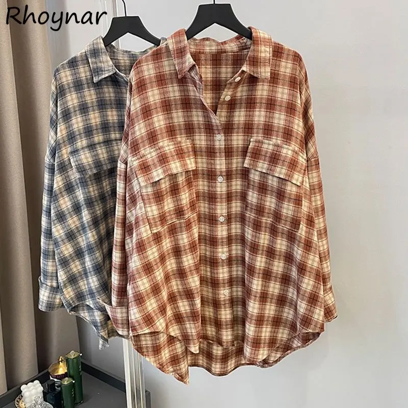 

Shirts Women Loose Harajuku Korean Style Basic Plaid Vintage Students Long-sleeve Leisure Boyfriend Couple Young Simple Camisas