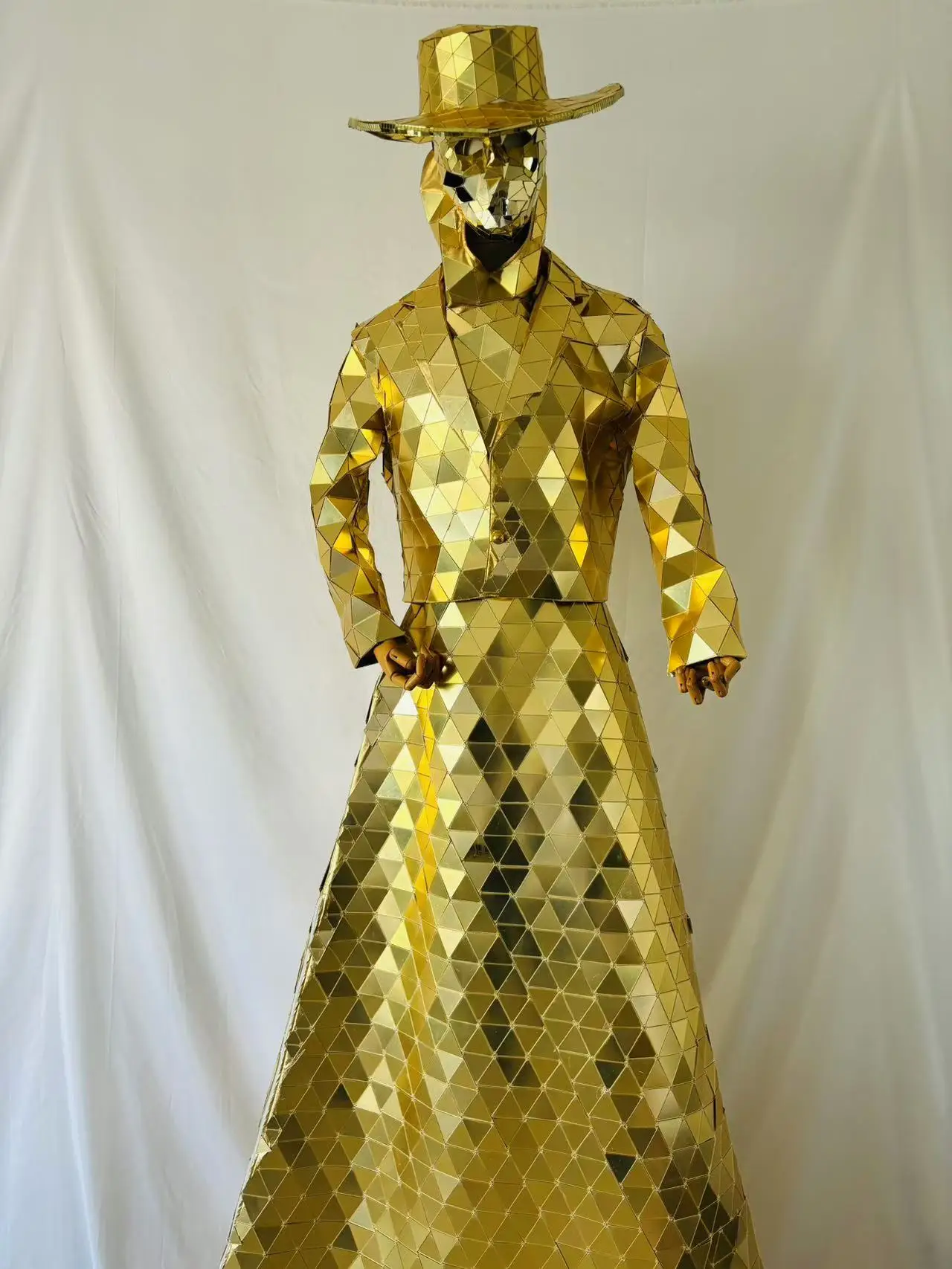 Ladies Luxury Gold Women Stilts Walker Mirror Dress Best Performance Costume Shiny Mirror Suit