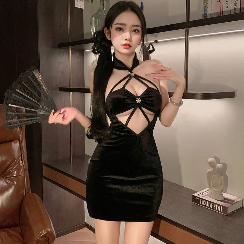 

Sexy Hollowed-out Cheongsam Women Chinese Retro Style Lingerie Qipao Stage Uniform Night Club Halter Backless Slim Mini Dresses