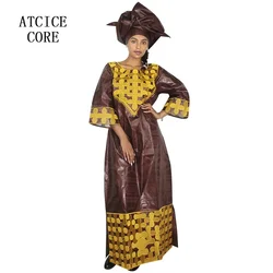 Robe africaine brodée avec foulard pour femme, grande taille, blanc, bazin riche, fête