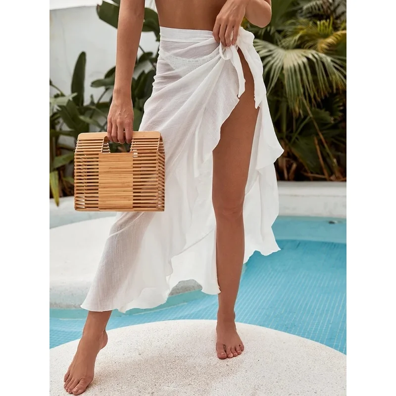 Trendy strandwikkelrok dames effen ruches hoge taille bandage bikini cover-up badpak strandkleding dunne zonnebrandcrème lange rokken