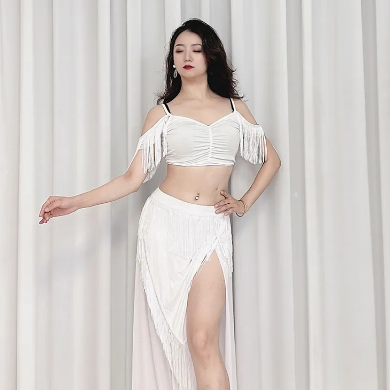 Traje de dança do ventre swega personalizado, roupa de prática com borla inspirada no vento, conjunto plus size, sexy, saia de fenda de camada dupla, 2 peças