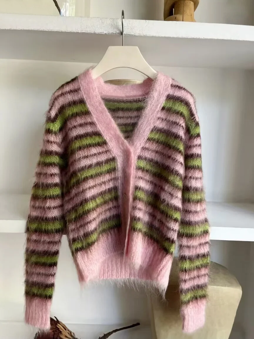 

Striped Single-Button Knitted Cardigan Coat Color Blo Loose Mohair V-Ne Sweater Women's Spring Faion Sweet Sle Long S...