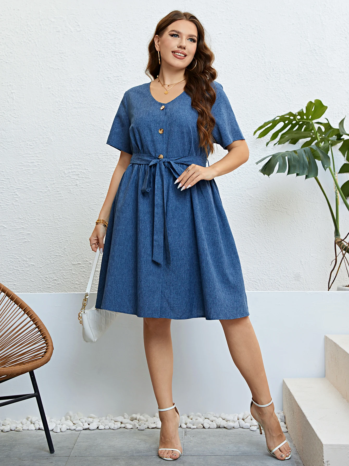 Plus Size Solid Elegant Button Women Dress 2024 Summer Short Sleeve Office Ladies Casual A-Line Party Large Size Midi Dresses