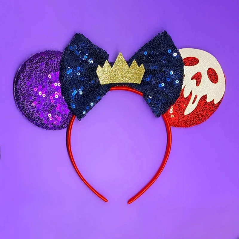 Disney Anime Snow White Ears Headbands Women Evil Queen Skeleton Hairbands Girls Sequins Bow Hair Accessories Kids Cosplay Party