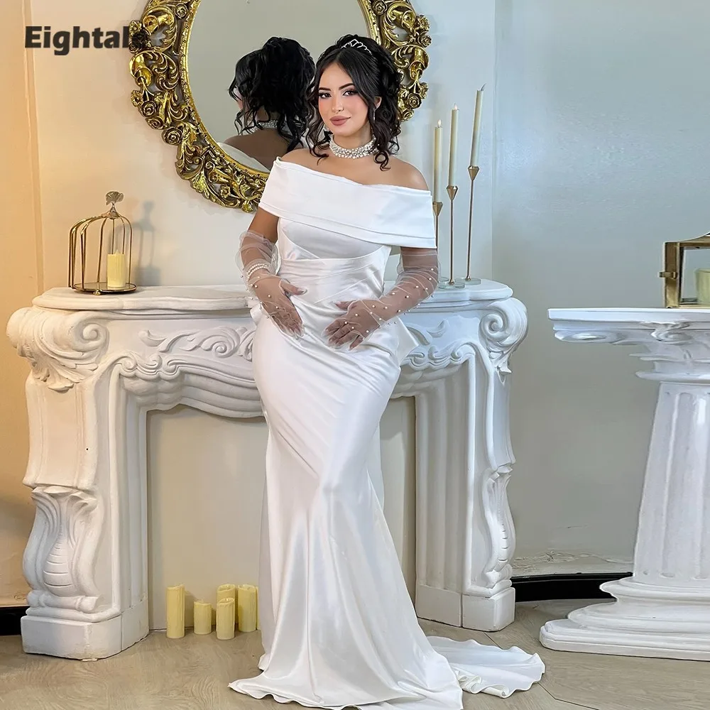 

Eightale Arabic Wedding Dress Strapless Customized Ivory Satin Pleats Plus Size Bridal Gown Mermaid Bride Party Dress