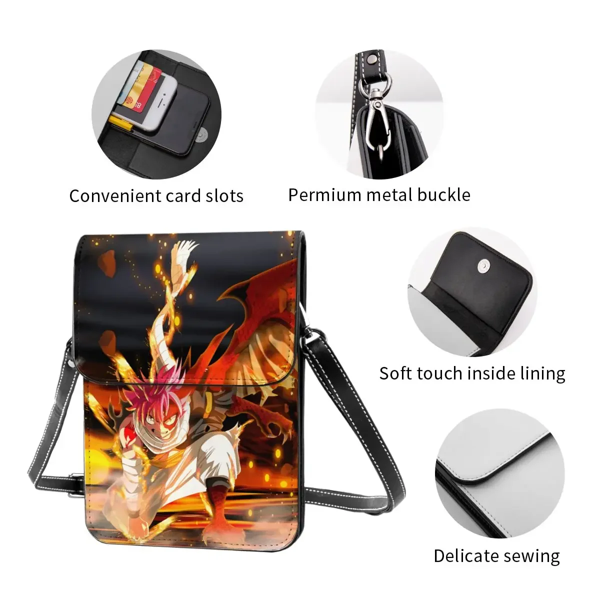 أنيمي الجنية الذيل Crossbody المحفظة حقيبة الهاتف الخليوي حقيبة الكتف محفظة الهاتف الخليوي حزام قابل للتعديل