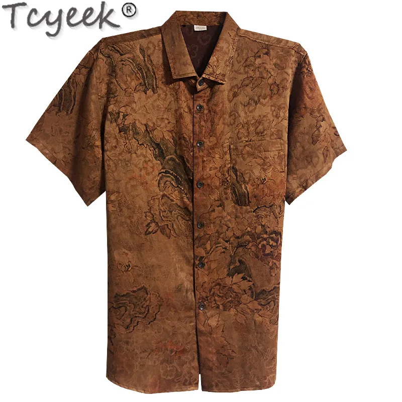 Tcyeek 100% Real Mulberry Silk Shirt Men Summer Clothes 5 Colors Fashion Short Sleeve Top Casual Mens Shirts Chinese Style 2024