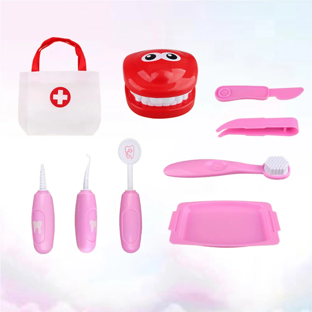 9 pçs dentista brinquedo simulação escovação dentadura jogo equipamento médico do bebê brinquedo fingir jogar médico brinquedo (rosa)