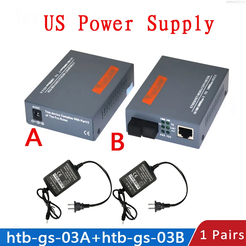 Conversor de mídia óptica Gigabit Fiber, modo único, porta SC, fonte de alimentação externa, HTB-GS-03 A e B, 20km, 1000Mbps