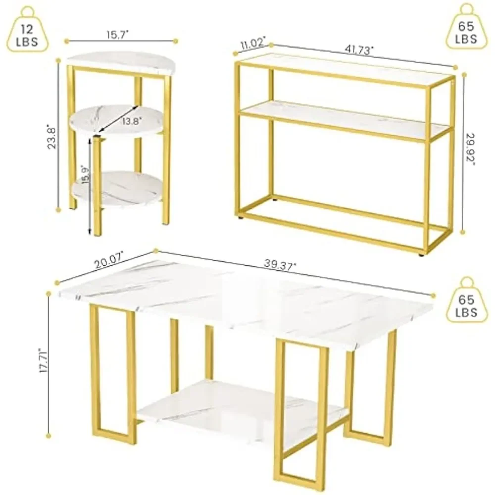Mid-Century Coffee Table Set of 3, Faux Marble Coffee Table and Semicircle End Table Sets with Storage Shelves & Metal Frame