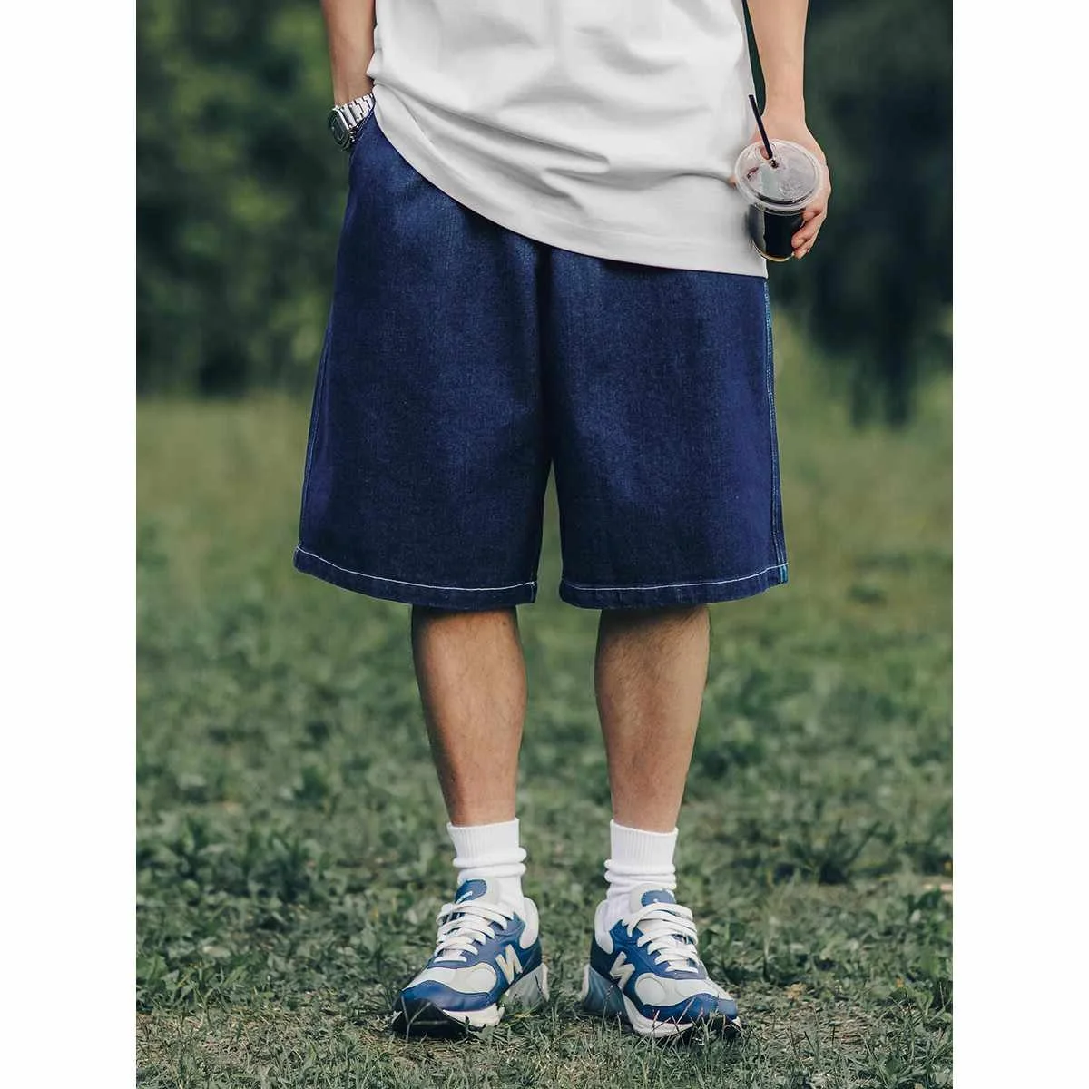 

Retro Japanese Sle Deep Blue Denim orts ex Dstring Elastic Waist Simple Casual Straight Leg Wide Leg Five-Quarter ...