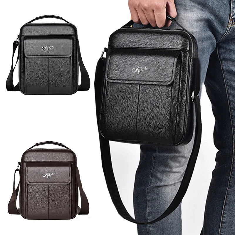 Men's Business Crossbody Bag Compact PU Leather Shoulder Bag with Top Handle for Work Travel Daily Commute