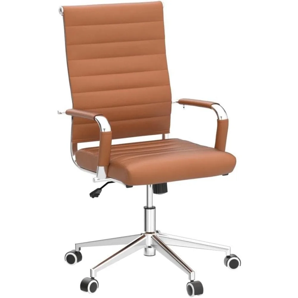 Office Desk Chair, Ergonomic Leather Modern Conference Room Chairs, Executive Ribbed Height Adjustable Swivel Rolling Chair