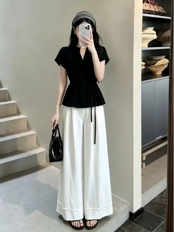 

Korean Style Summer Fashion Set Black Short Sleeve T-Shirt And Wide Leg Pants Women's Two-Piece Suit Slim Fit V-Neck Polyester