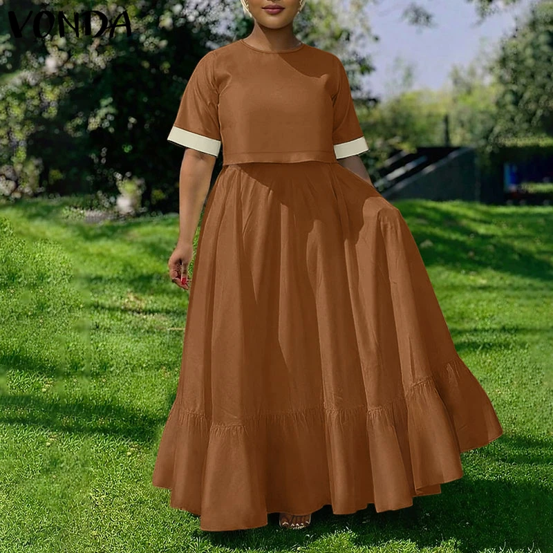 

VONDA Summer Women Plus Size Sets Fashion 2PCS Dress Sets Short Sleeve Tops Long Skirts Patchwork O Neck Two-piece Outfits