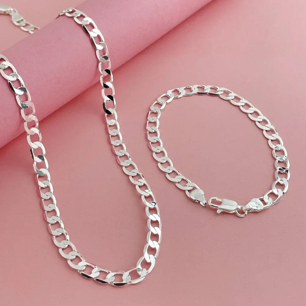 

Комплект ювелирных изделий из стерлингового серебра 925 пробы, 8 мм, боковая цепочка, браслет, ожерелье, подходит для мужской повседневной носки