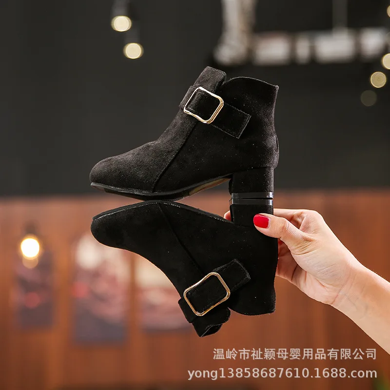 Girls High Heel British Style Princess Shoes New Children Solid Color Short Boots Kids Buckle Ankle Strap Velcro Fashion Boots