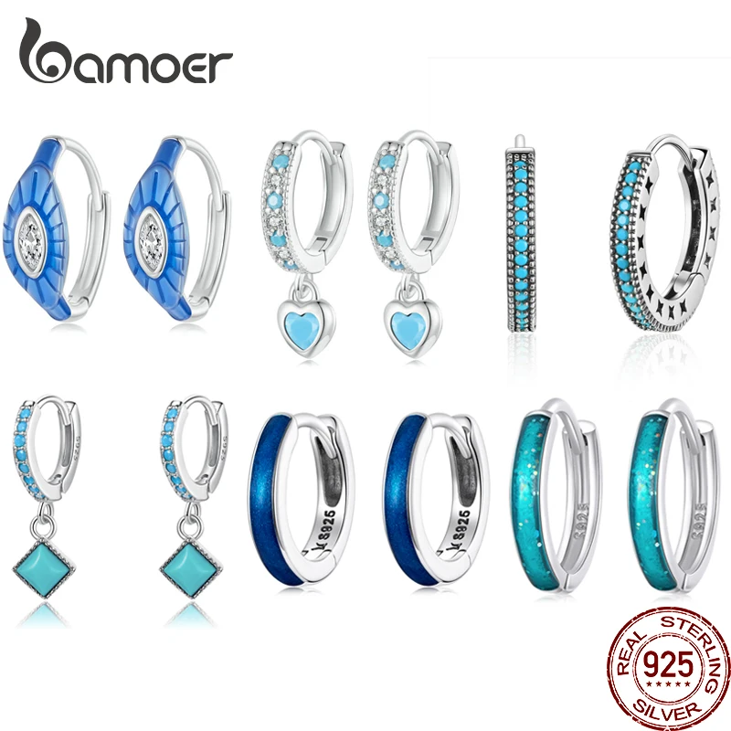 

Bamoer Original 925 Sterling Silver Turquoise Earrings Blue Stone Heart Square Ear Hoops For Women Anniversary Fine Jewelry Gift