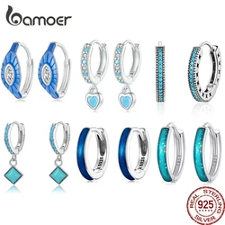 Bamoer Original 925 Sterling Silver Turquoise Earrings Blue Stone Heart Square Ear Hoops For Women Anniversary Fine Jewelry Gift