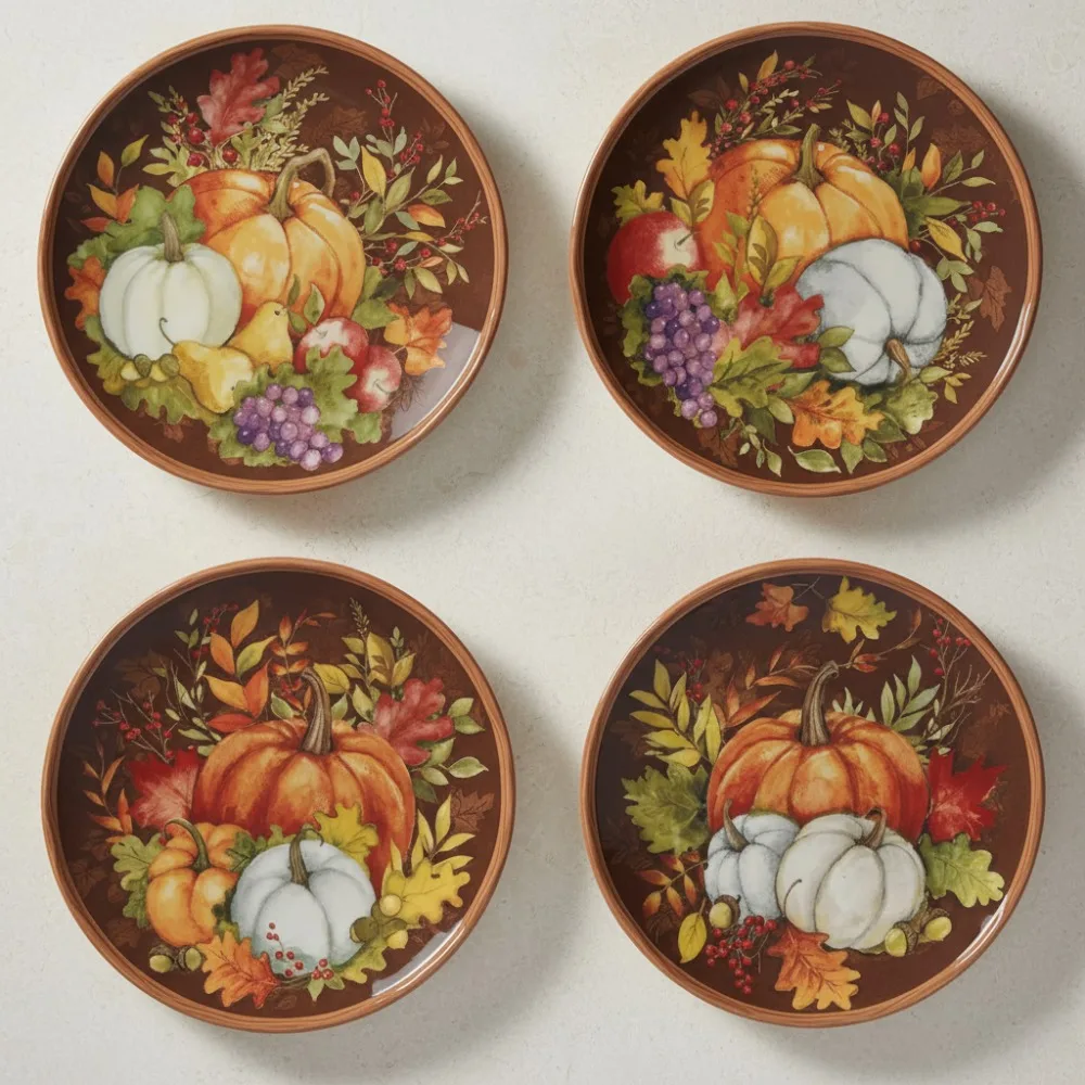 

Colorful 8.5" Fall Themed Salad Dessert Plates Set of 4, Durable Earthenware for Family Entertaining Gifts