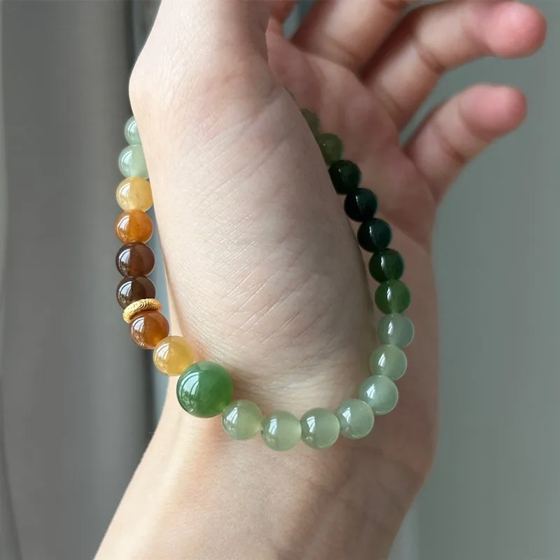 Gradated Multigem Design Bracelet with Round Bead Hetian Jade and Sugar Jade, 6mm Bead Diameter, for Women Casual Wear