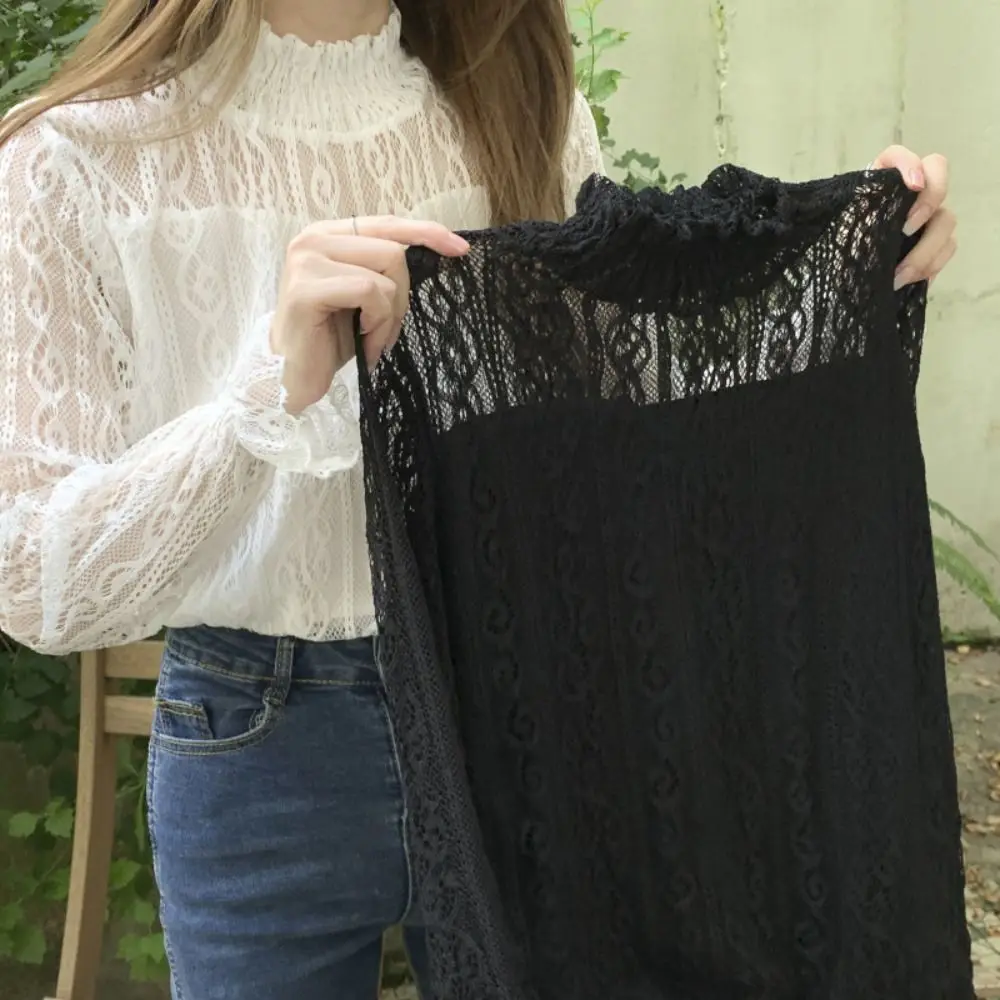 

Pullover Lace Flower Top Women Half High Collar Blouse Transparent Long Sleeved Top Beach Shirts See Through