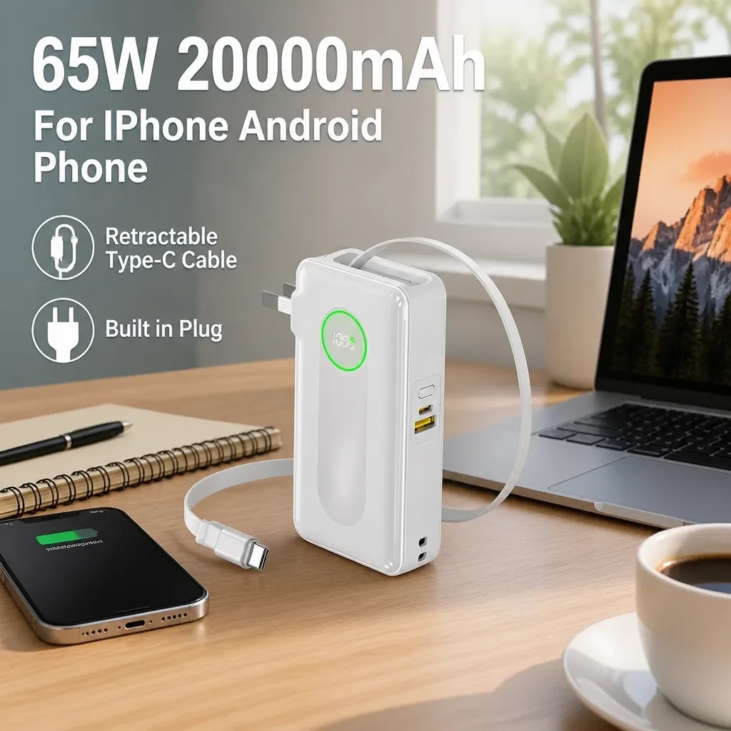 Power Bank 20000mAh 65W Fast Charge Built-in Plug & Retractable Type-C Cable Portable Charger For iPhone Android